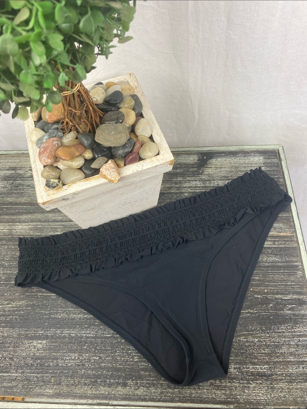 Tory Burch Black Ruffle Smocked Waist Bikini Swim Bathing Suit Bottoms L